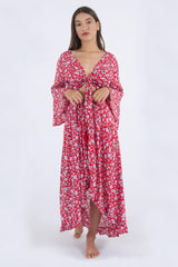 Image of long summer dress with sleeves, in red floral pattern.