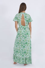 Back side of our Palma summer dress, a day to night outfit in green floral pattern.