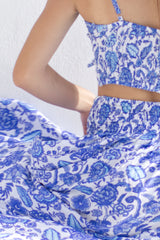 Detail of summer skirt in blue floral print.