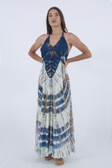 Image shows front side of our Halter Neck Maxi dress, from flowy tie dye rayon in blue and cream shades. A sexy summer outfit for women with open back.