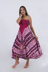 Long summer dress skirt in pink tie dye pattern. Wear it as an off shoulder dress or a flowy maxi skirt.