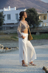 Loose fit summer pants, white with asymmetric hemline