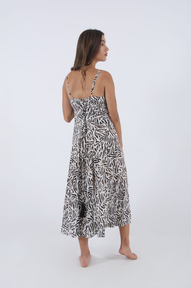 Zebra print dress with spaghetti straps, maxi with adjustable back.
